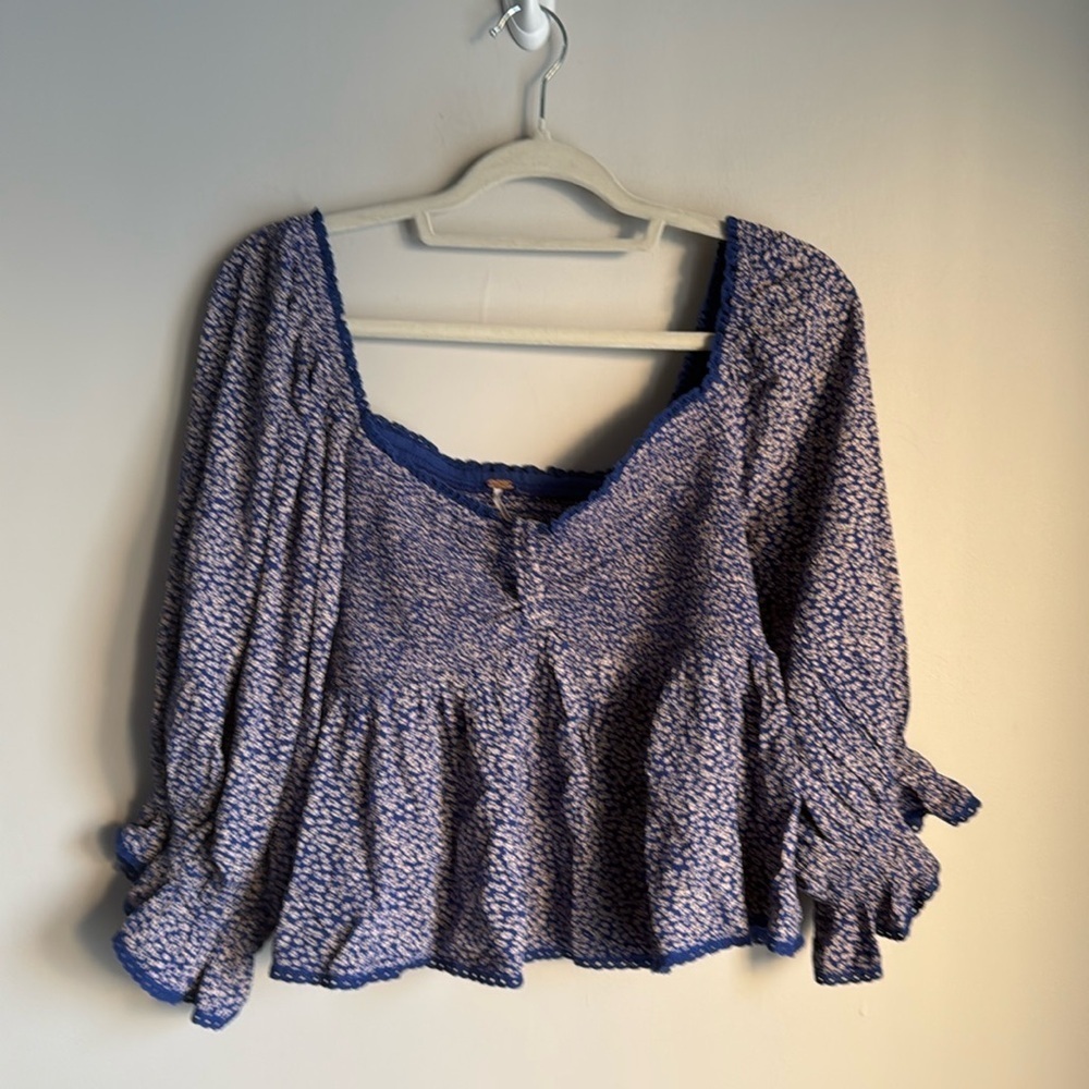 Free People Britnee Floral Cropped Peplum Smocked Puff Sleeve Top Large - Picture 3 of 10
